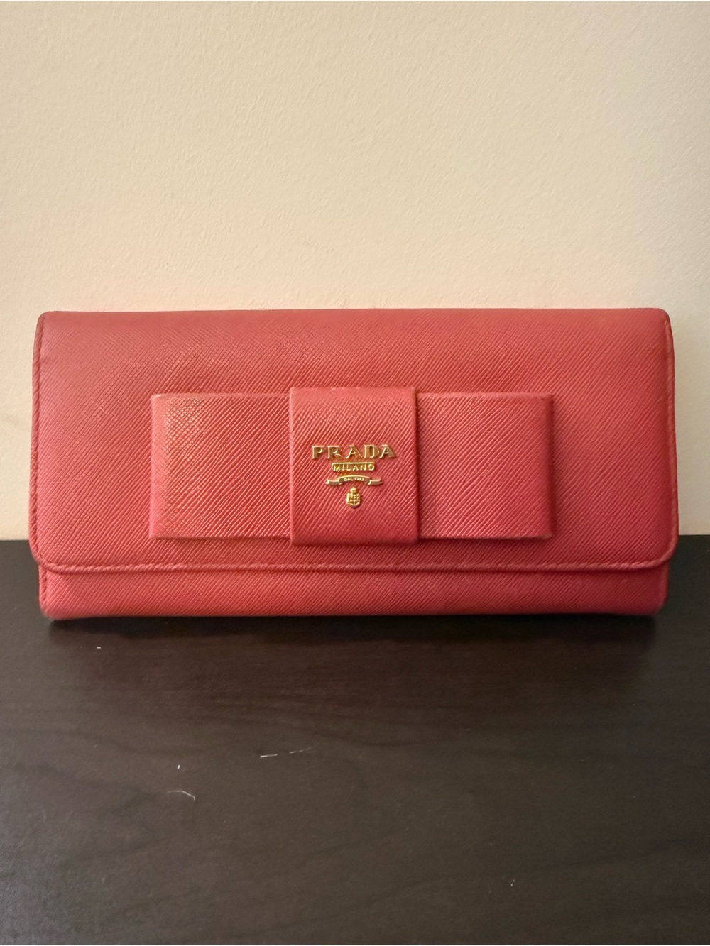 Prada Coral Pink Saffiano Bow Continental Wallet